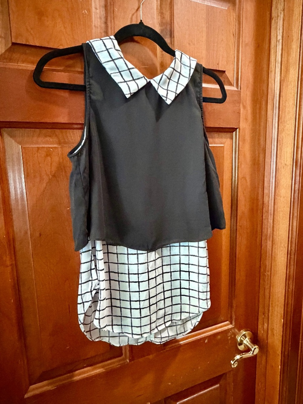 Three Pink Hearts Layered Collared Blouse - Black & White Grid / Windowpane